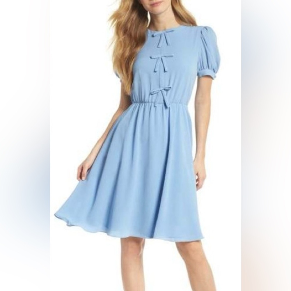 NWT Gal Meets Glam Women’s Ellie Crepe Puff Sleeve Light Blue Bow Dress Size 10